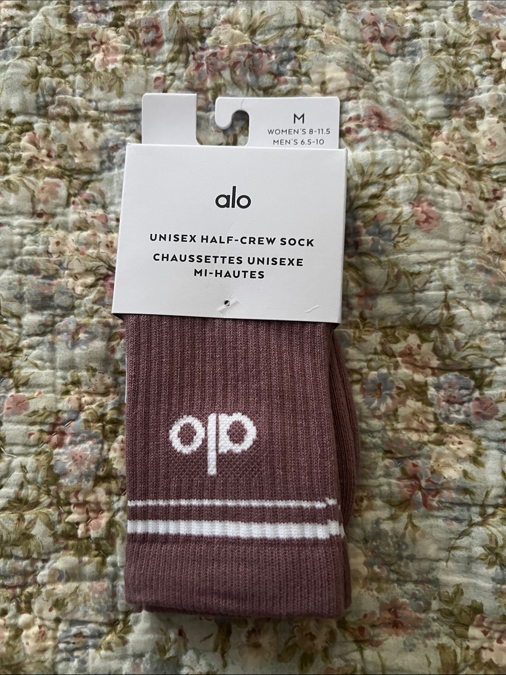 ALO Yoga Half-Crew Socks in Dusty Mauve with White Logo